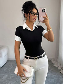 Elenzya Black & White Contrast Collared V-Neck Fitted Tee
