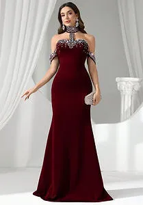 Coutiva Rhinestone Off-Shoulder Halter Mermaid Evening Gown