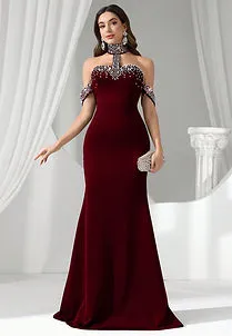 Coutiva Rhinestone Off-Shoulder Halter Mermaid Evening Gown