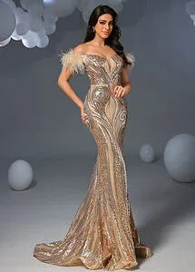 Feather Trim Off Shoulder Sequin Mermaid Gown
