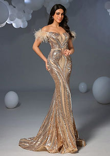 Feather Trim Off Shoulder Sequin Mermaid Gown