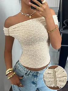 Valentine Textured Off-Shoulder Fitted Fashion Tee