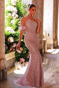 Glamrae Lotus Pink Beaded Sequin Floral Off-Shoulder Mermaid Dress
