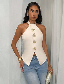 Glamine Sleeveless Halter Metal Buckle Woven Shirt