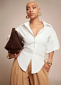 Vixey Solid Self Tie Back Collared Button Up Long Sleeve Top