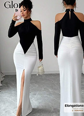 Gloray Color Block Off-Shoulder Ruched Bodycon Maxi Dress