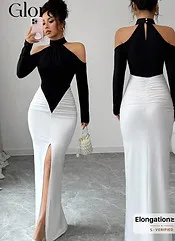 Gloray Color Block Off-Shoulder Ruched Bodycon Maxi Dress