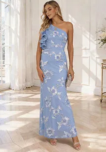 Sky Blue One-Shoulder 3D Floral Bodycon Formal Gown — Luxe Trend Boutique