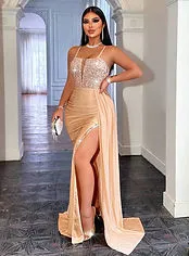 CHOSMO Sequin Spaghetti Strap Prom Gown