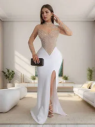 Rhinestone Mesh Split Evening Gown